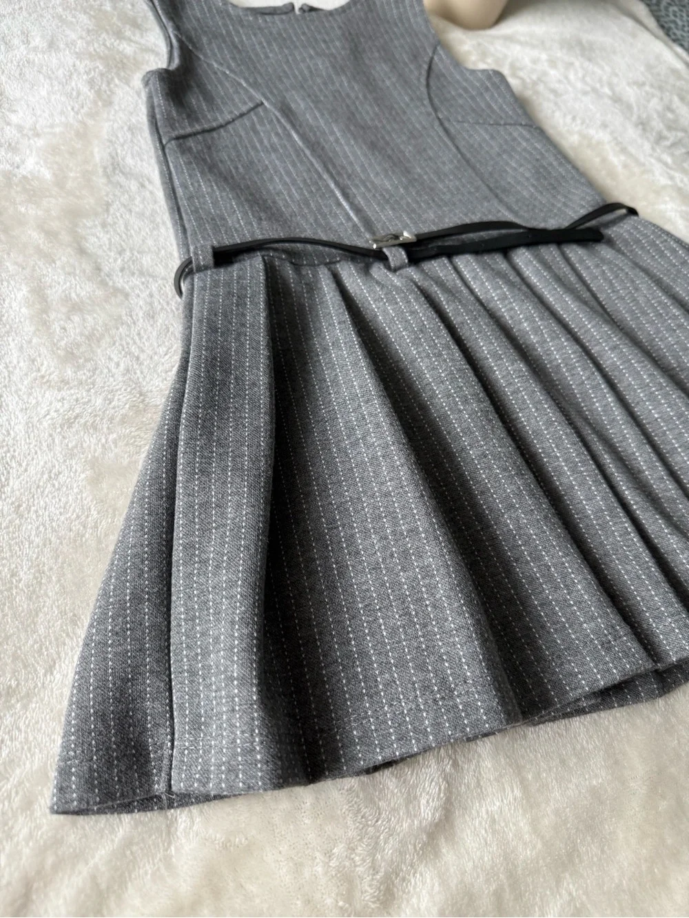 Zara Grey Pleated Formal Dress with Slim Black Belt